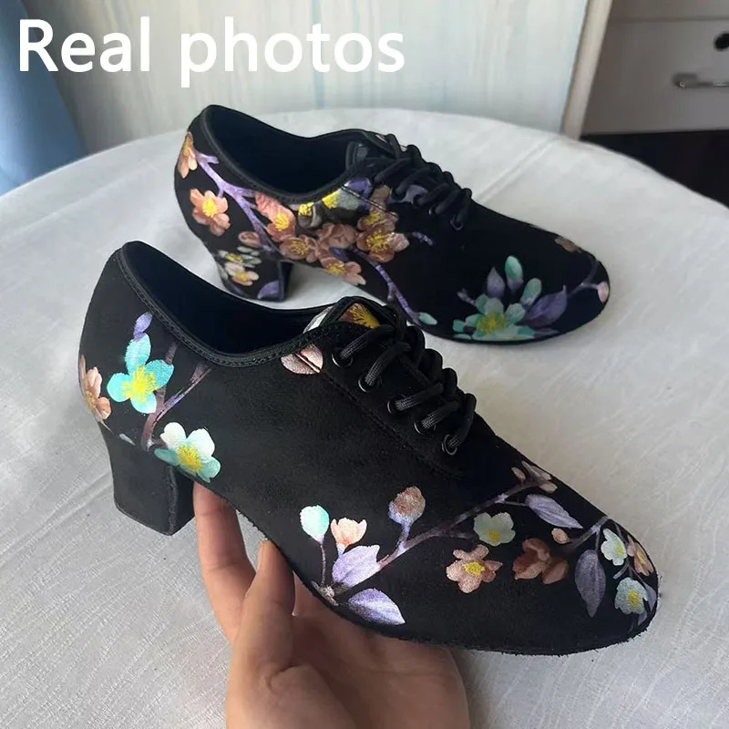 Print High Heel Dance Shoes Sneakers For Women Ballroom Latin Dance Shoes Adult Close Toe Teacher Training Shoes Oxford Sneakers