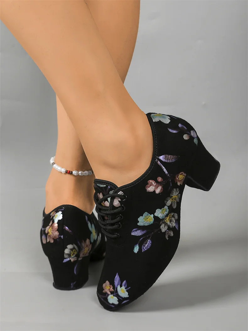 Print High Heel Dance Shoes Sneakers For Women Ballroom Latin Dance Shoes Adult Close Toe Teacher Training Shoes Oxford Sneakers