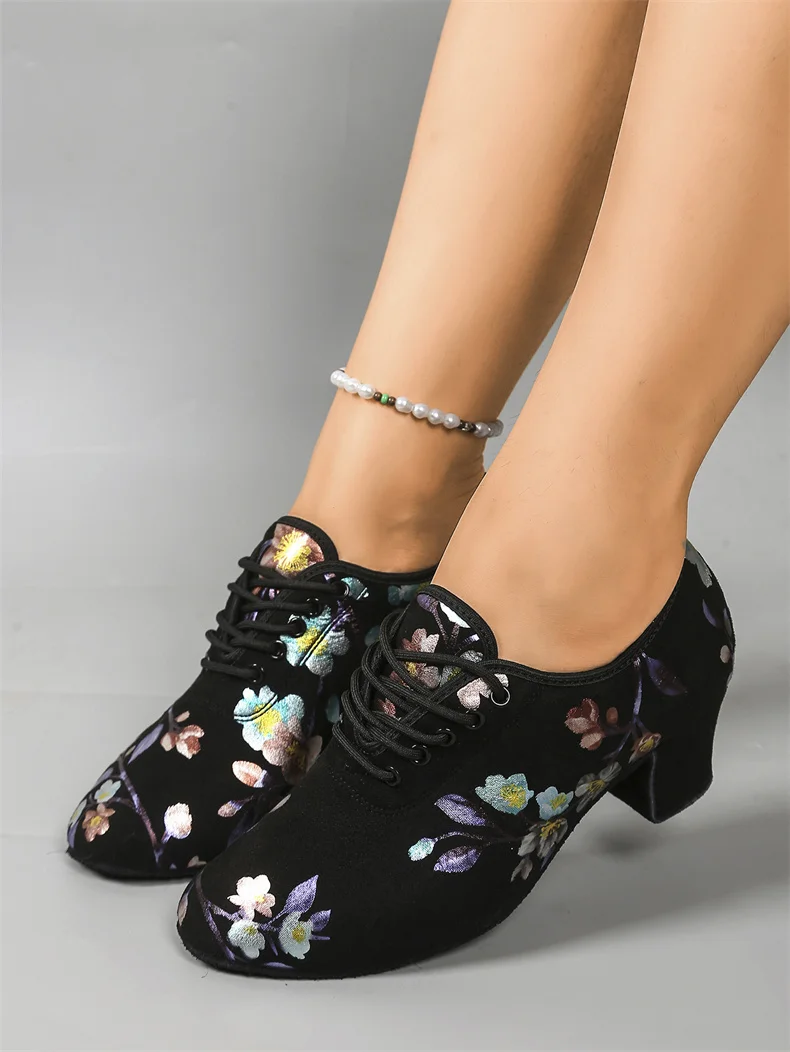 Print High Heel Dance Shoes Sneakers For Women Ballroom Latin Dance Shoes Adult Close Toe Teacher Training Shoes Oxford Sneakers