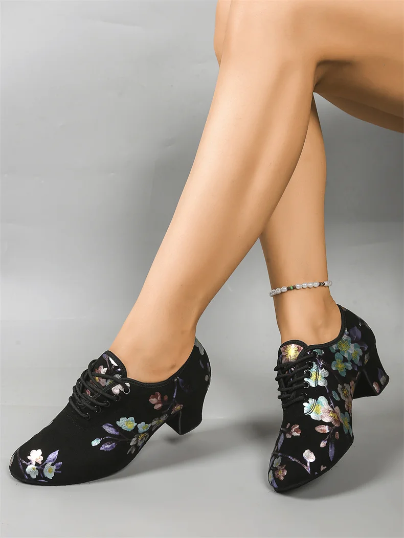 Print High Heel Dance Shoes Sneakers For Women Ballroom Latin Dance Shoes Adult Close Toe Teacher Training Shoes Oxford Sneakers