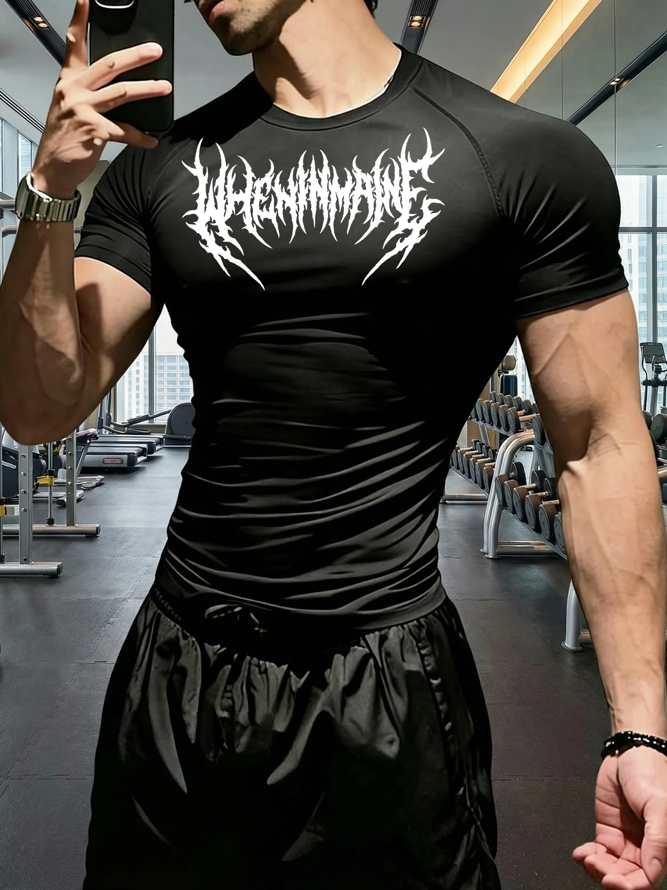 2026 Men'S Gothic Letter Pattern Print Fitness Body Suit, High-Elasticity Quick-Dry Sports Compression T-Shirt,Suitable for Gym
