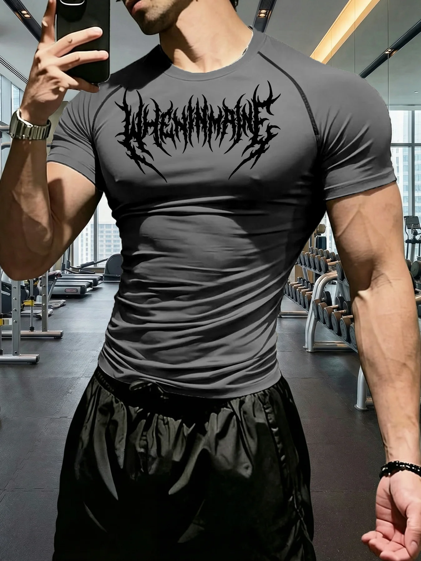 2026 Men'S Gothic Letter Pattern Print Fitness Body Suit, High-Elasticity Quick-Dry Sports Compression T-Shirt,Suitable for Gym