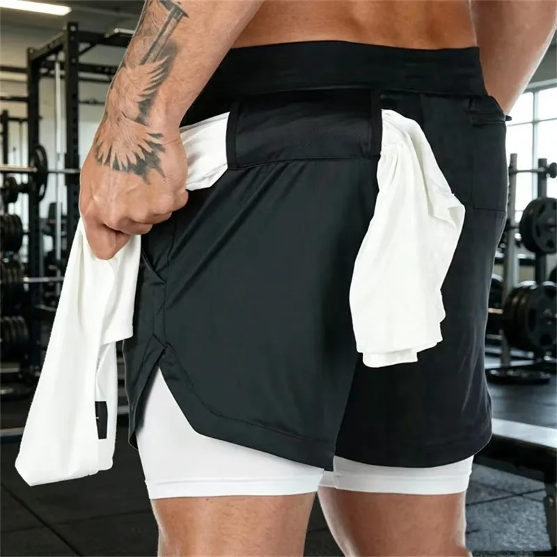 2026 Summer Sports Shorts 2-in-1 quick-dry multi-pocket Running Shorts men ventilation sweatpants Fitness double-deck men Shorts