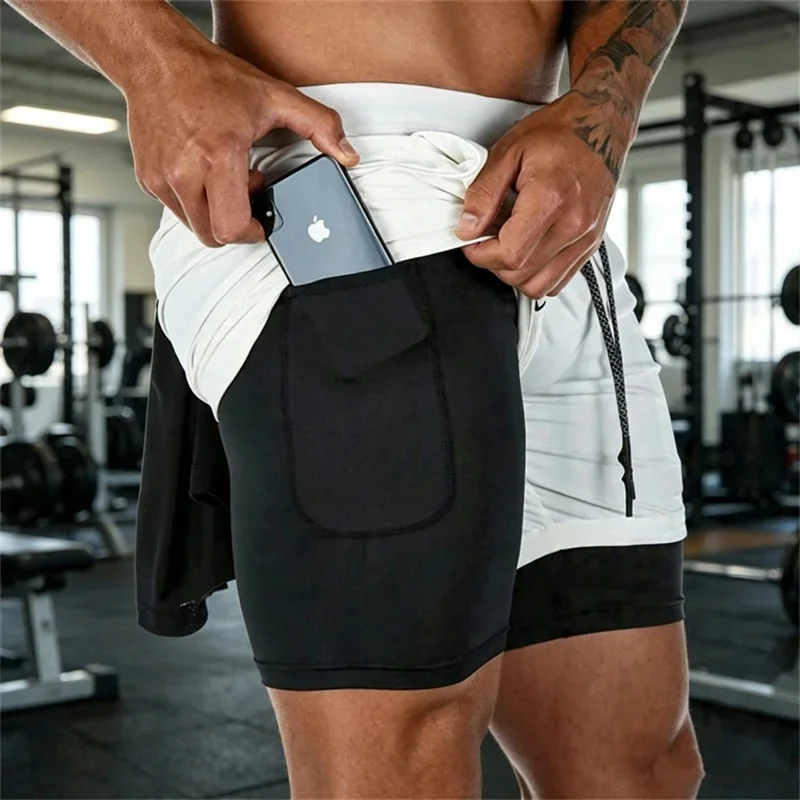 2026 Summer Sports Shorts 2-in-1 quick-dry multi-pocket Running Shorts men ventilation sweatpants Fitness double-deck men Shorts