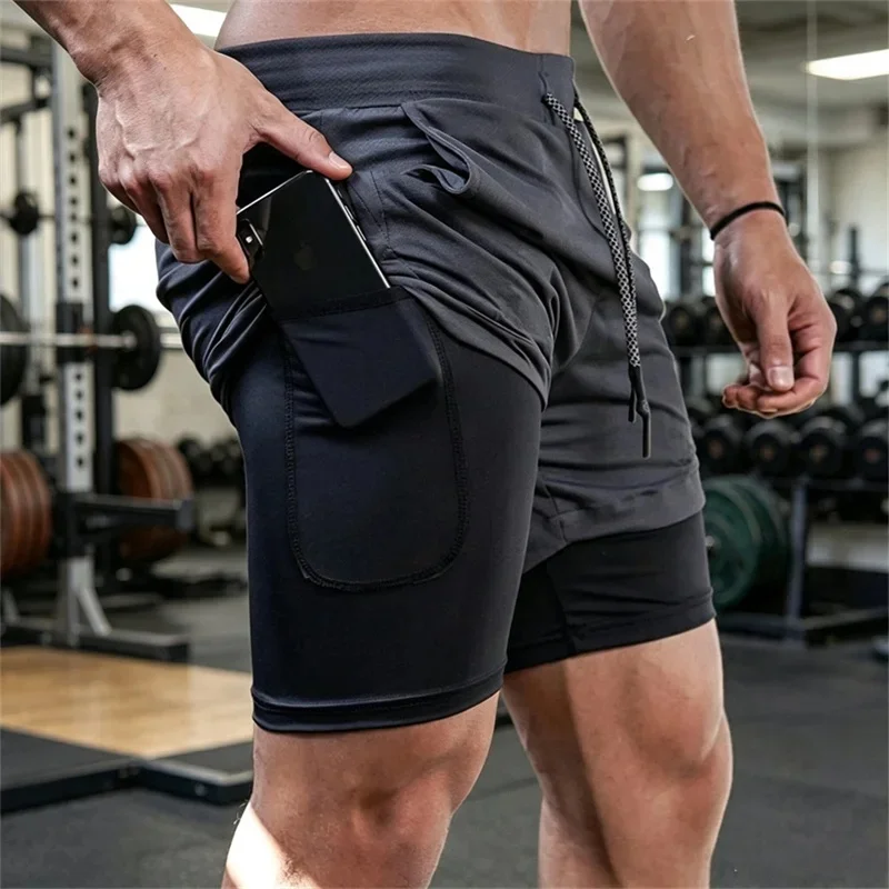 2026 Summer Sports Shorts 2-in-1 quick-dry multi-pocket Running Shorts men ventilation sweatpants Fitness double-deck men Shorts
