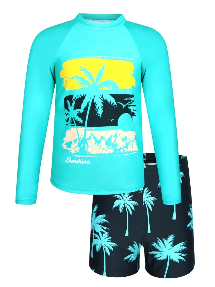 Two Piece Swimsuit 2026 New Green Coconut Tree Long Sleeves Children Swimwear Summer Shorts Beachwear Bathing Suit For Swimming