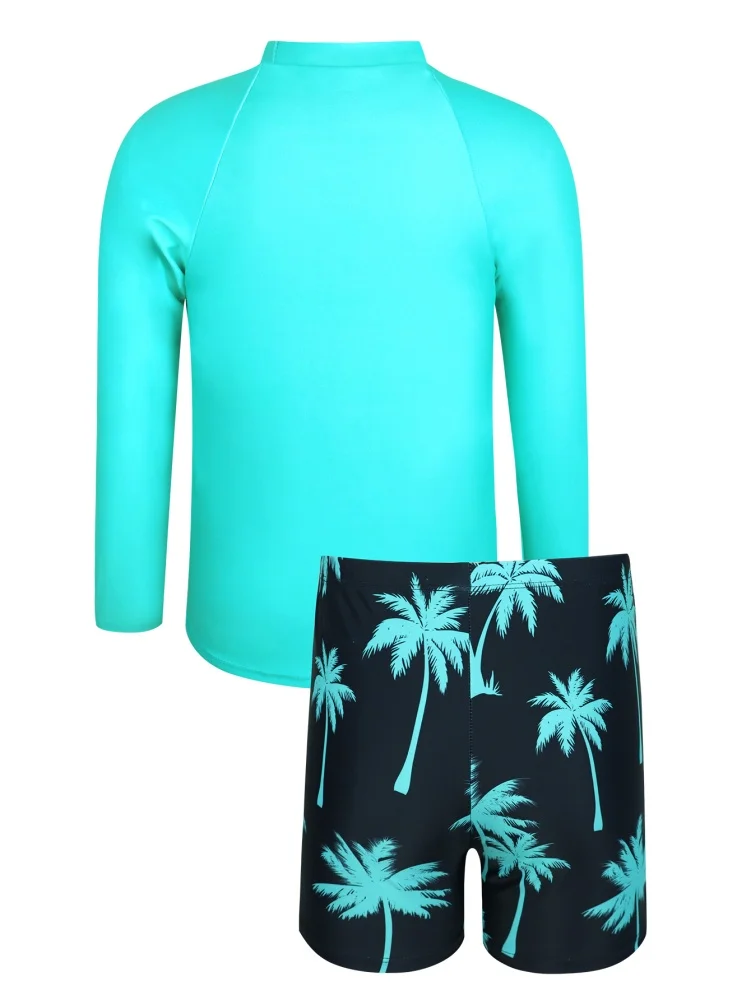 Two Piece Swimsuit 2026 New Green Coconut Tree Long Sleeves Children Swimwear Summer Shorts Beachwear Bathing Suit For Swimming