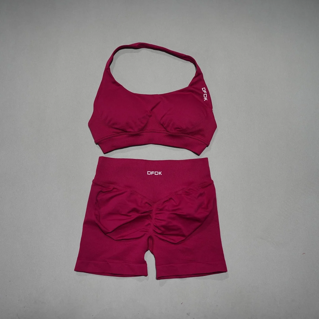 DFHE Women's Fashion 2 Piece Sports Set Lace Up Sports Bra Seamless Shorts Leggings Yoga Gym Fitness Running Tracksuit