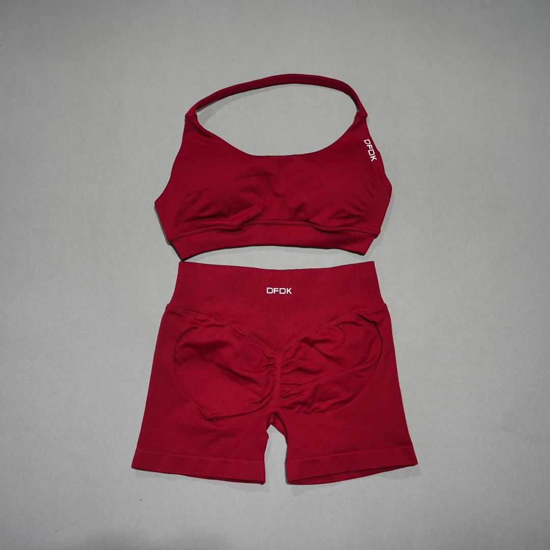 DFHE Women's Fashion 2 Piece Sports Set Lace Up Sports Bra Seamless Shorts Leggings Yoga Gym Fitness Running Tracksuit