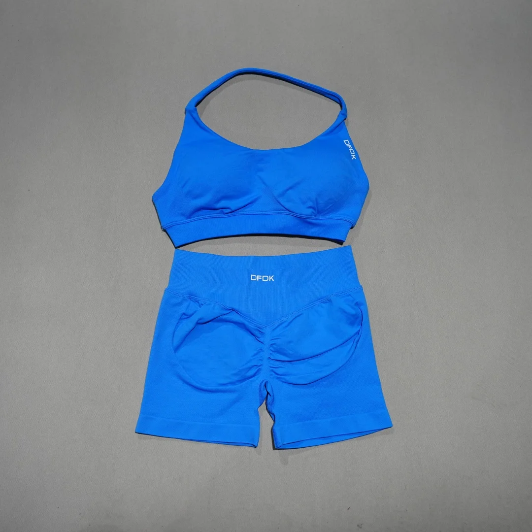 DFHE Women's Fashion 2 Piece Sports Set Lace Up Sports Bra Seamless Shorts Leggings Yoga Gym Fitness Running Tracksuit