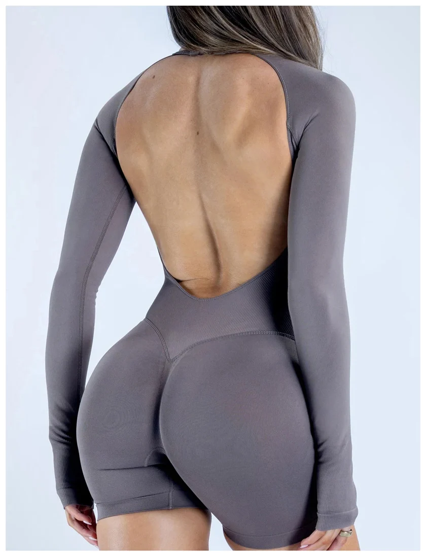 Seamless Long Sleeve One Piece Gym Clothes Women Padded Yoga Bodysuit Open Back Fitness Workout Jumpsuit Scrunch Butt Sportswear