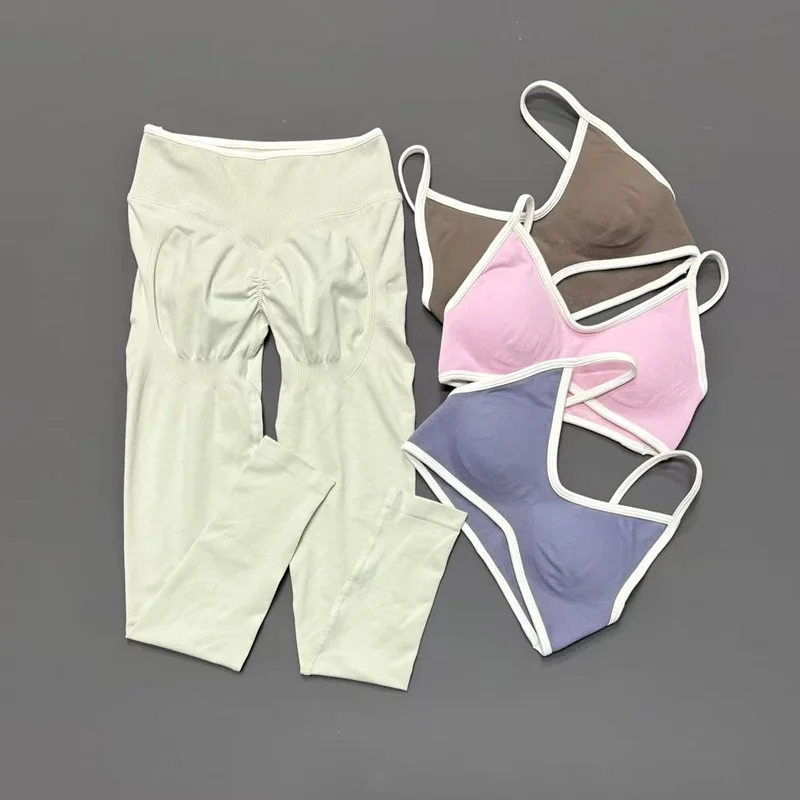 2Pcs Women Yoga Set Seamless Halter Strappy Push Up Backless Butt Lifting Scrunch Booty Lift Gym Fitness Active Athletic Shorts