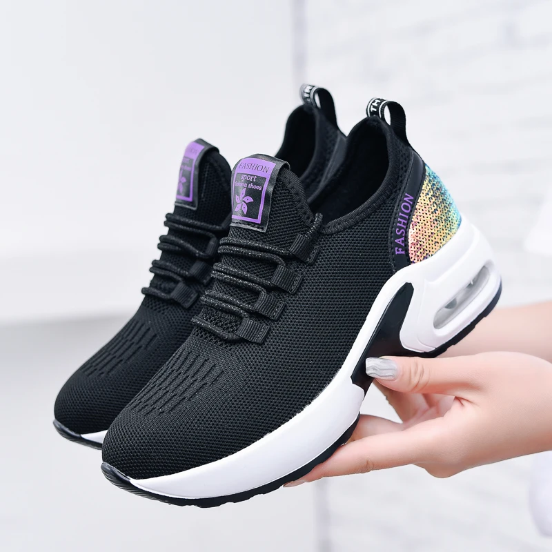 Women's Air Cushion Dance Shoes, Breathable Knit Jazz Sneakers with Sequins, Platform Walking Shoes for Modern Dancing 905