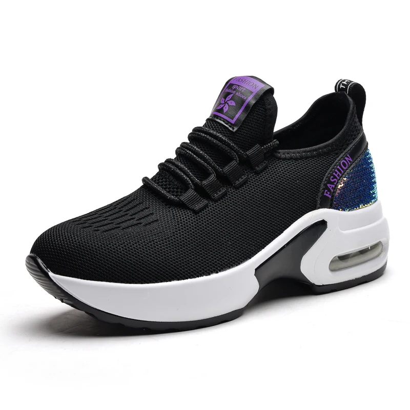 Women's Air Cushion Dance Shoes, Breathable Knit Jazz Sneakers with Sequins, Platform Walking Shoes for Modern Dancing 905