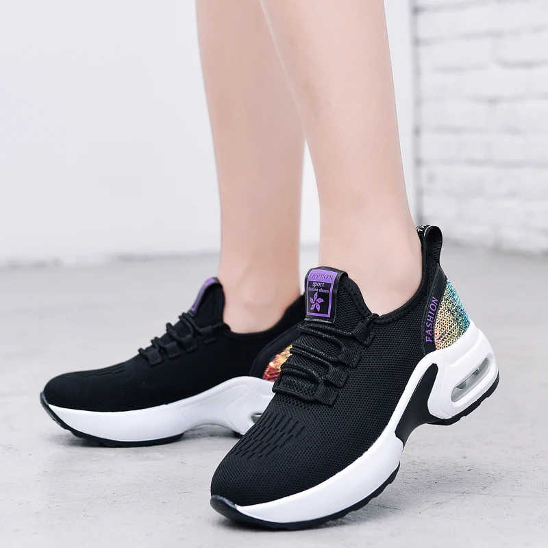 Women's Air Cushion Dance Shoes, Breathable Knit Jazz Sneakers with Sequins, Platform Walking Shoes for Modern Dancing 905
