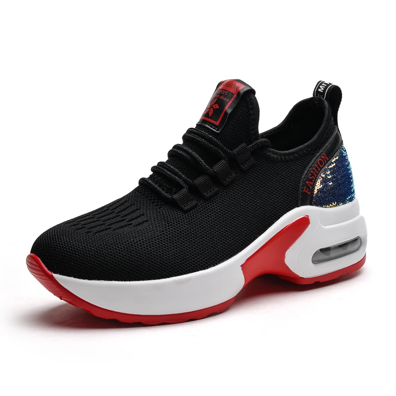 Women's Air Cushion Dance Shoes, Breathable Knit Jazz Sneakers with Sequins, Platform Walking Shoes for Modern Dancing 905