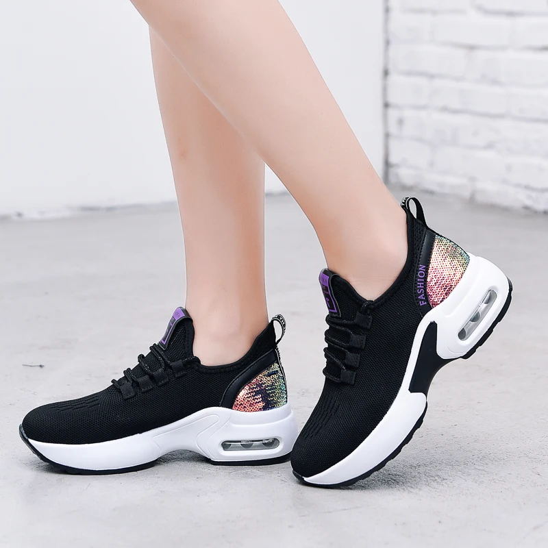 Women's Air Cushion Dance Shoes, Breathable Knit Jazz Sneakers with Sequins, Platform Walking Shoes for Modern Dancing 905