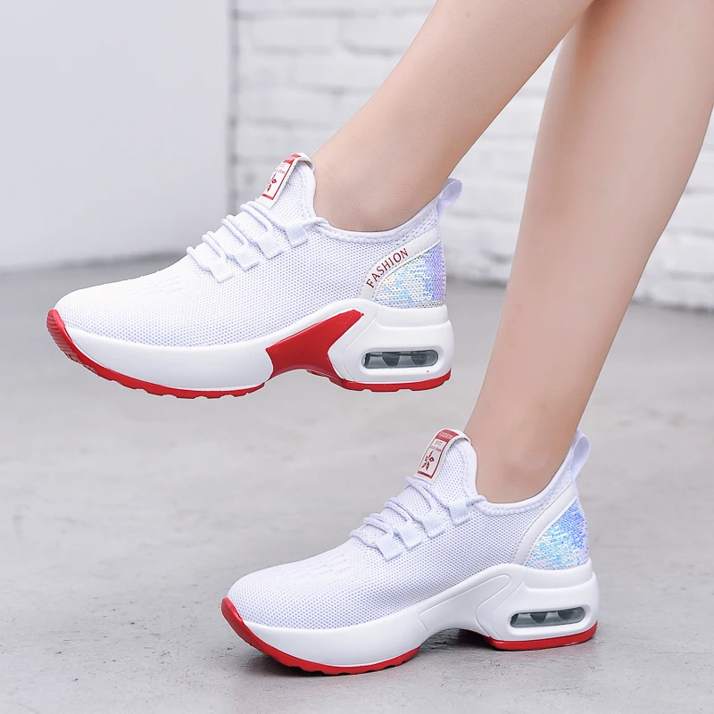 Women's Air Cushion Dance Shoes, Breathable Knit Jazz Sneakers with Sequins, Platform Walking Shoes for Modern Dancing 905