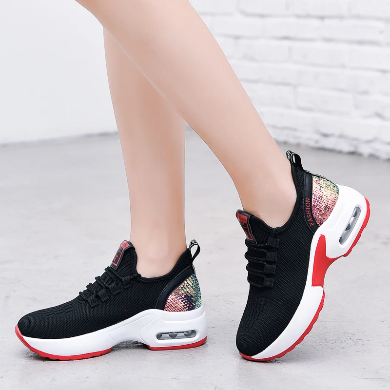 Women's Air Cushion Dance Shoes, Breathable Knit Jazz Sneakers with Sequins, Platform Walking Shoes for Modern Dancing 905