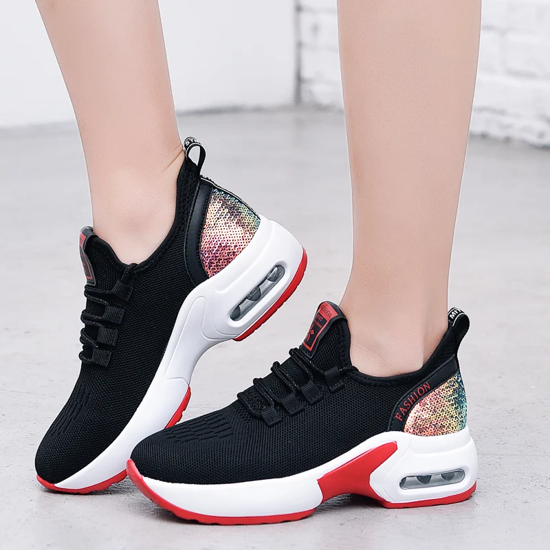 Women's Air Cushion Dance Shoes, Breathable Knit Jazz Sneakers with Sequins, Platform Walking Shoes for Modern Dancing 905
