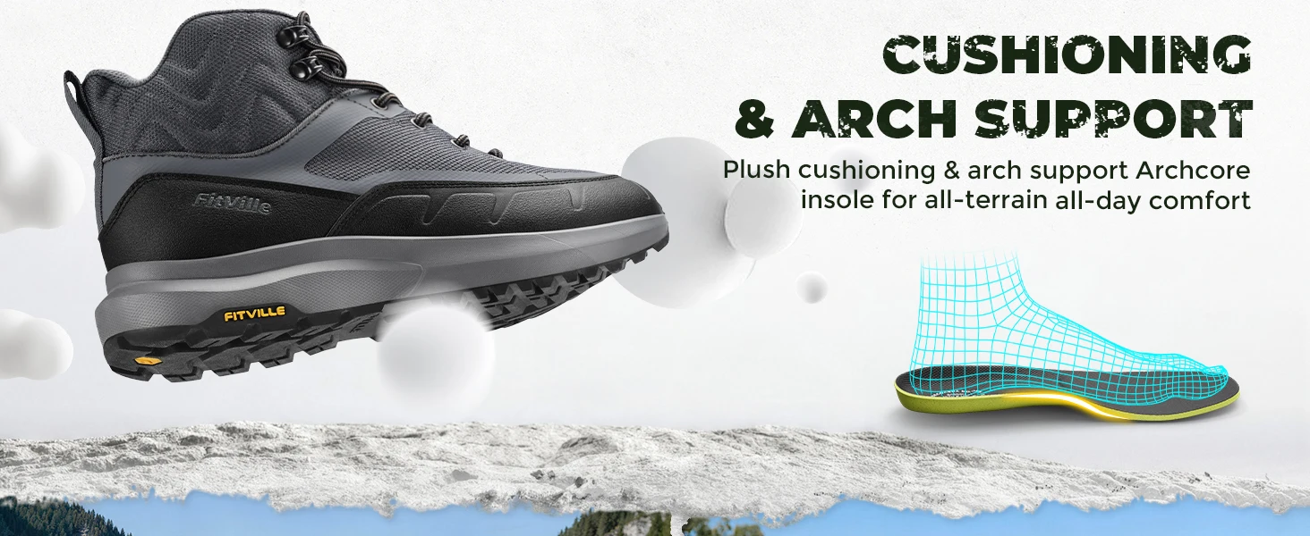 FitVille Extra Wide Hiking Shoes Mid-top Leather Climbing Shoes for Men Water-resistant Trekking Boots Arche Support Non-Slip