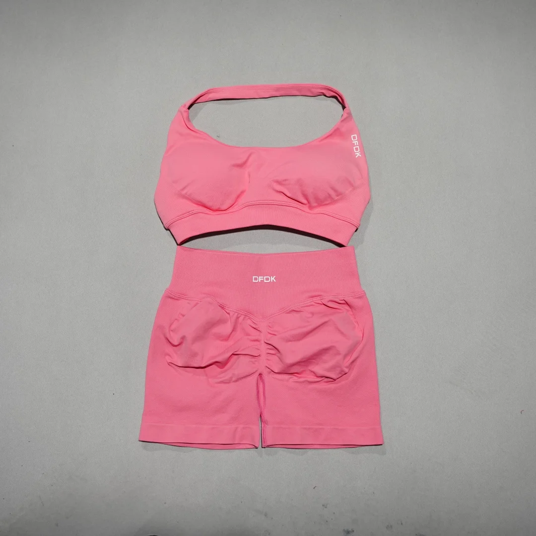 DFDK Women's Fashion 2 Piece Sports Set Lace Up Sports Bra Seamless Shorts Leggings Yoga Gym Fitness Running Tracksuit