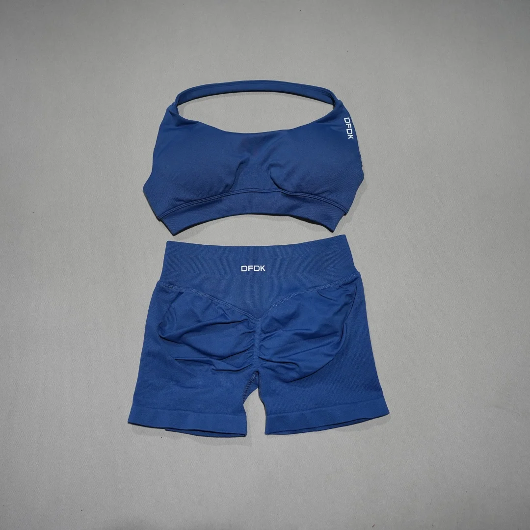 DFDK Women's Fashion 2 Piece Sports Set Lace Up Sports Bra Seamless Shorts Leggings Yoga Gym Fitness Running Tracksuit