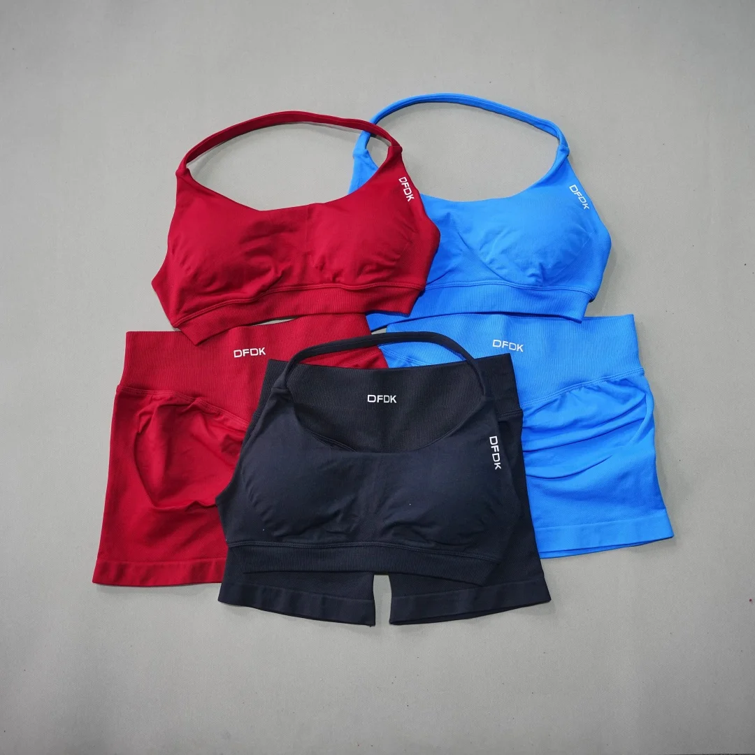 DFDK Women's Fashion 2 Piece Sports Set Lace Up Sports Bra Seamless Shorts Leggings Yoga Gym Fitness Running Tracksuit