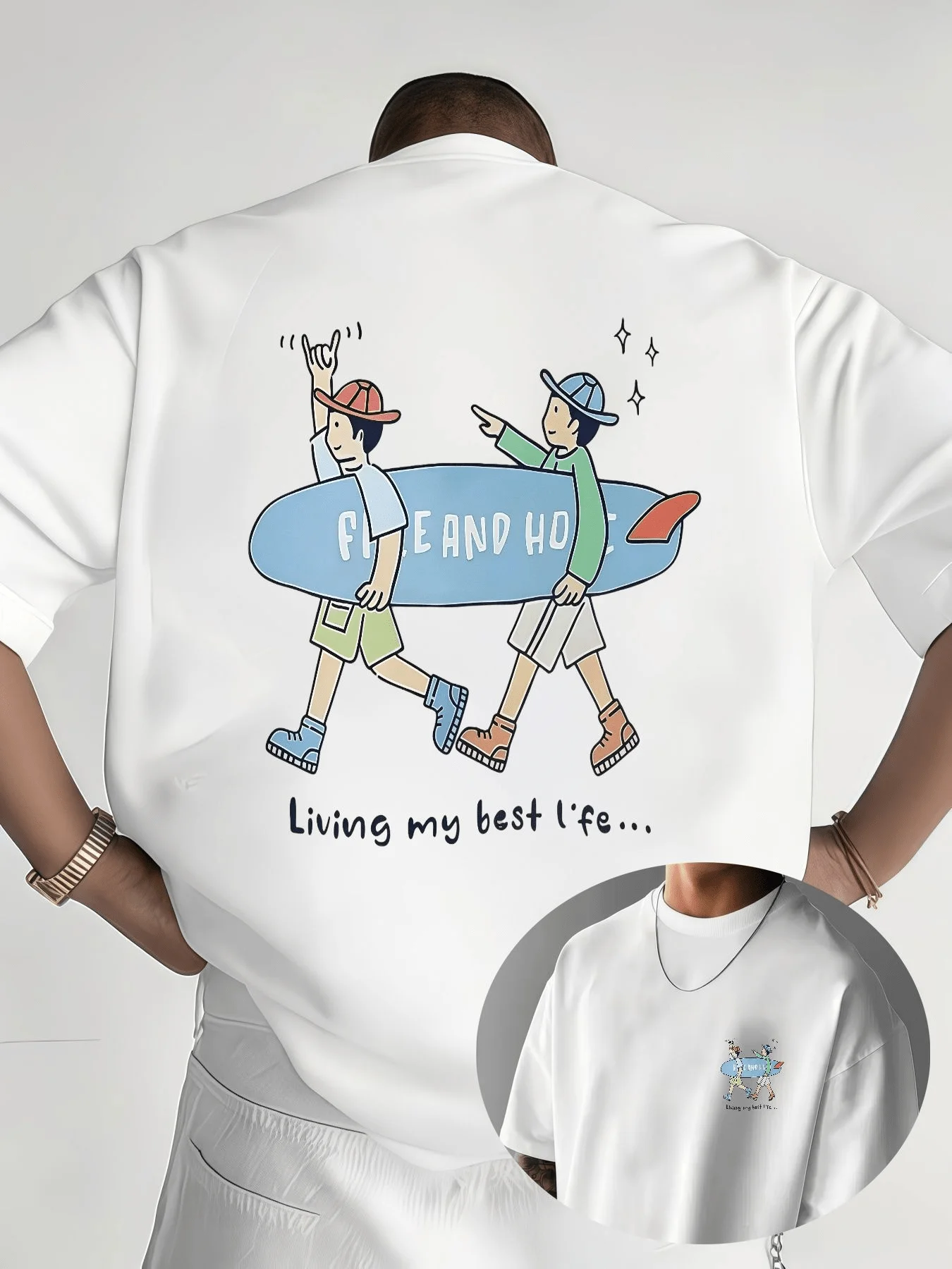 Men's Summer Fun Print Crew Neck Short Sleeve T-Shirt, Trendy Cartoon Surfing Boy Graphic Street Style Loose Fit Top