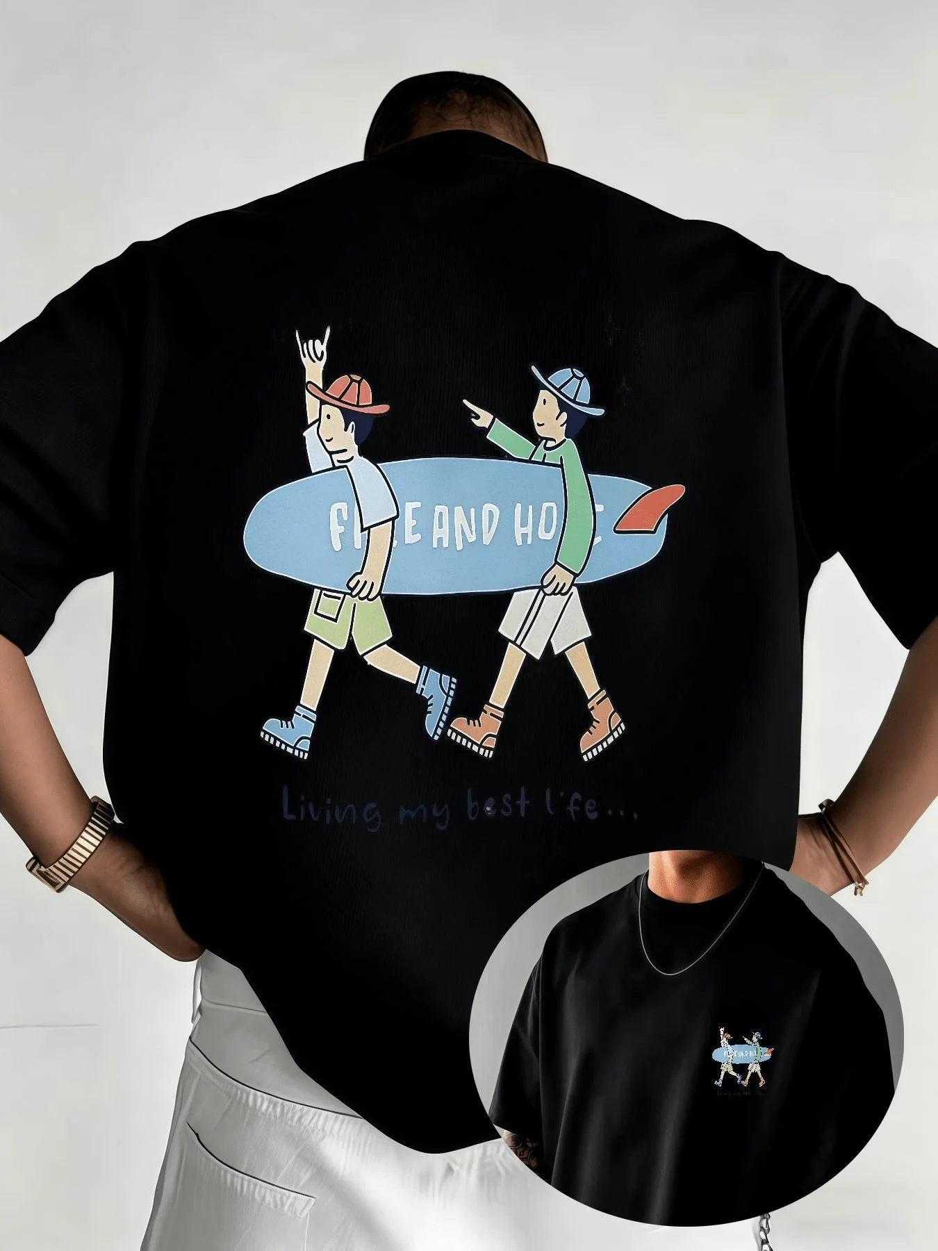 Men's Summer Fun Print Crew Neck Short Sleeve T-Shirt, Trendy Cartoon Surfing Boy Graphic Street Style Loose Fit Top