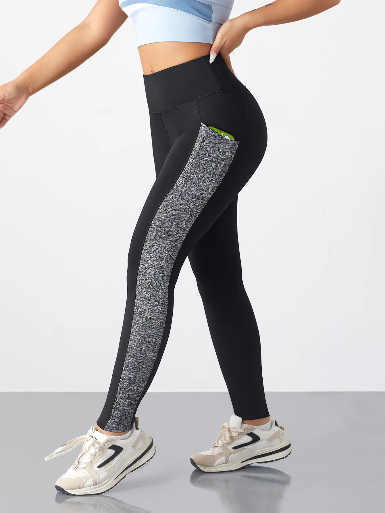 Women's High Waist Contrast Panel Yoga Leggings with Phone Pocket Tummy Control High Waist Yoga Pants Full Length Leggings