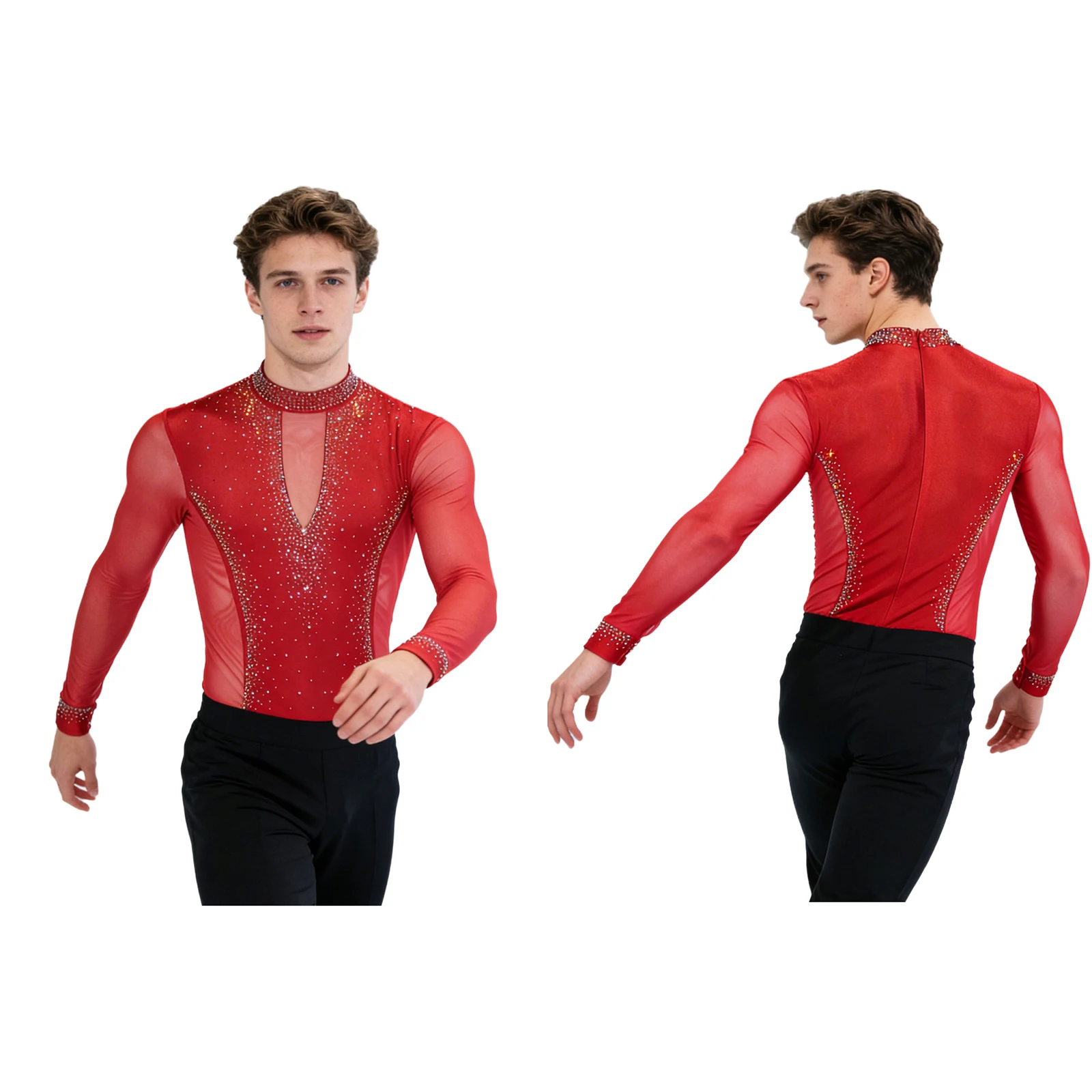 Men Long Sleeve Shiny Rhinestone Sheer Mesh Figure Skating Bodysuit Latin Dance Cha-cha Ballet Gymnastics Leotard Dancewear