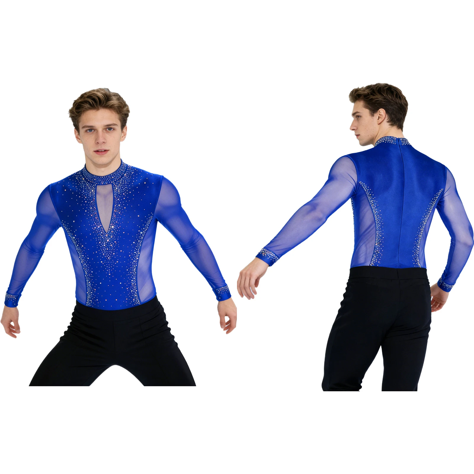 Men Long Sleeve Shiny Rhinestone Sheer Mesh Figure Skating Bodysuit Latin Dance Cha-cha Ballet Gymnastics Leotard Dancewear