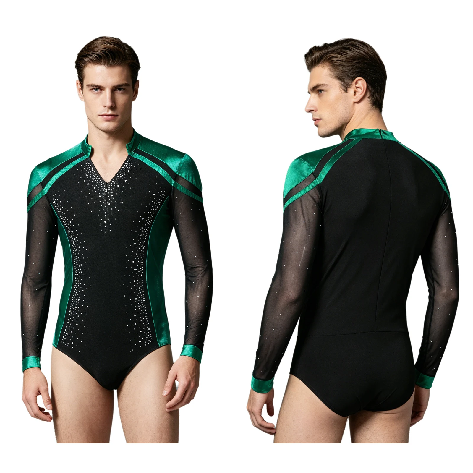 Men Long Sleeve Shiny Rhinestone Sheer Mesh Figure Skating Bodysuit Latin Dance Cha-cha Ballet Gymnastics Leotard Dancewear