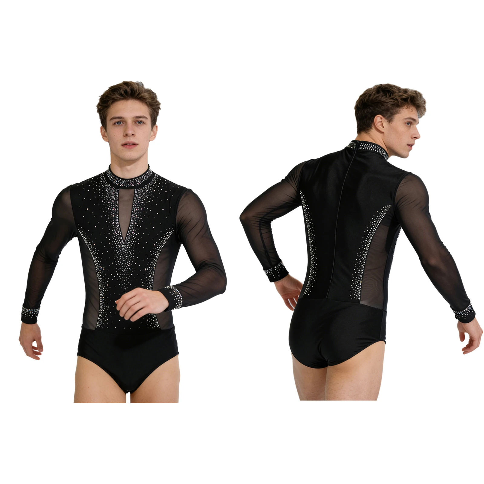 Men Long Sleeve Shiny Rhinestone Sheer Mesh Figure Skating Bodysuit Latin Dance Cha-cha Ballet Gymnastics Leotard Dancewear