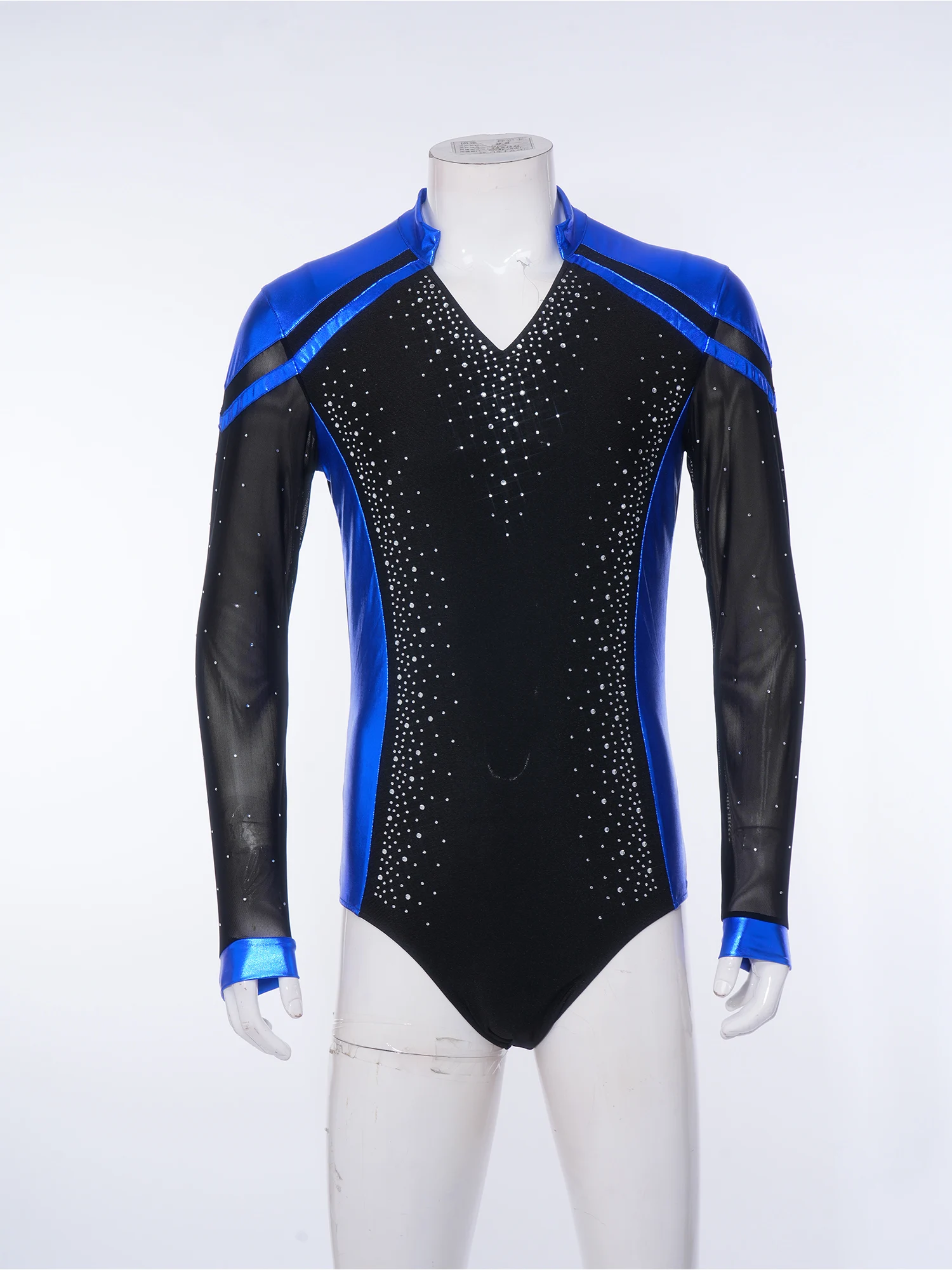 Men Long Sleeve Shiny Rhinestone Sheer Mesh Figure Skating Bodysuit Latin Dance Cha-cha Ballet Gymnastics Leotard Dancewear