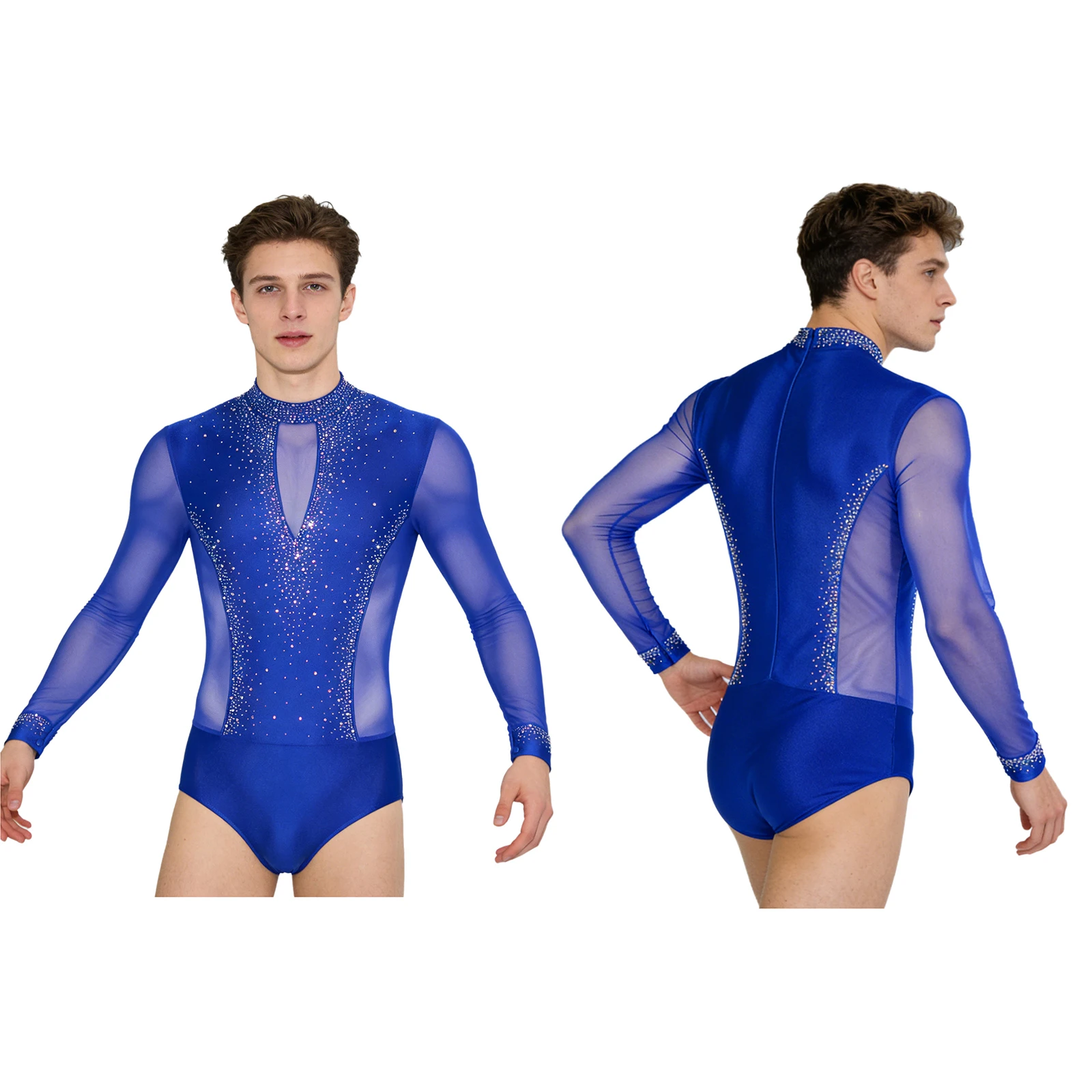 Men Long Sleeve Shiny Rhinestone Sheer Mesh Figure Skating Bodysuit Latin Dance Cha-cha Ballet Gymnastics Leotard Dancewear