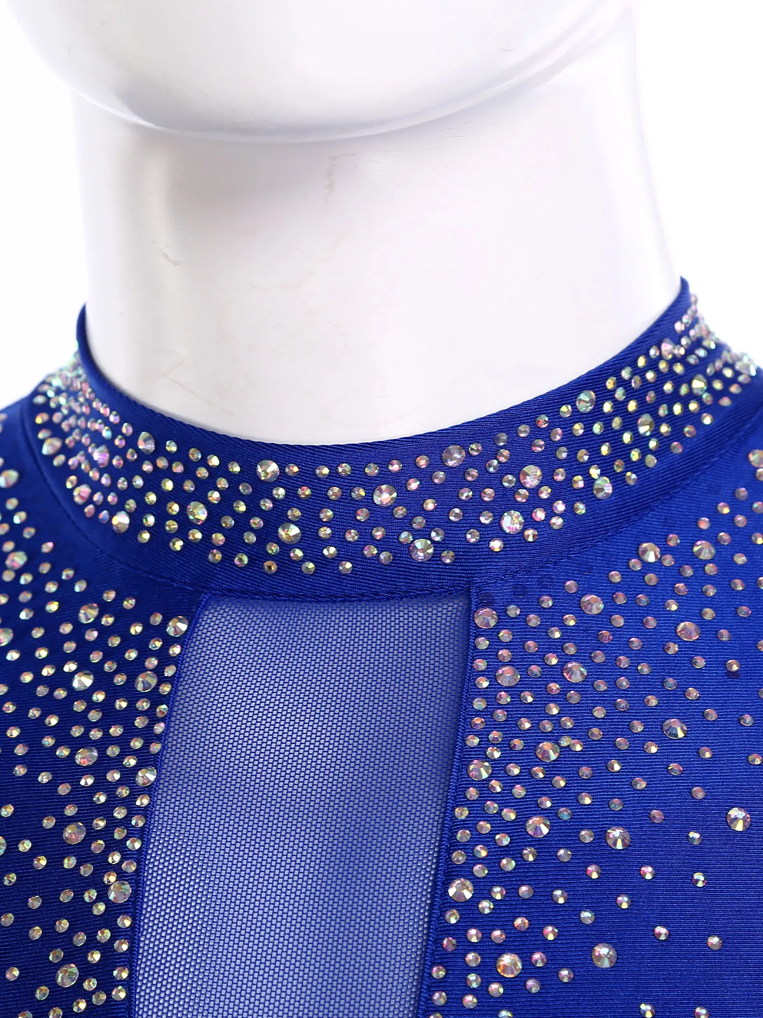 Men Long Sleeve Shiny Rhinestone Sheer Mesh Figure Skating Bodysuit Latin Dance Cha-cha Ballet Gymnastics Leotard Dancewear