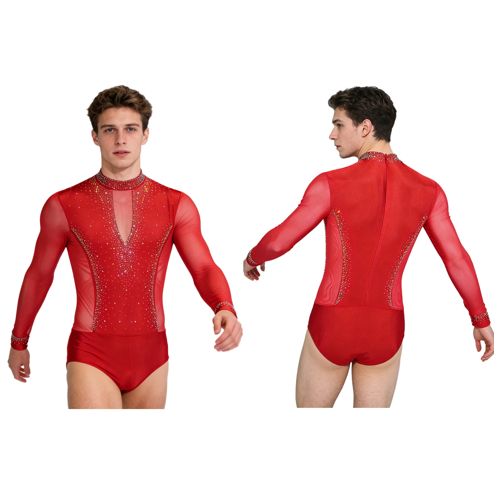 Men Long Sleeve Shiny Rhinestone Sheer Mesh Figure Skating Bodysuit Latin Dance Cha-cha Ballet Gymnastics Leotard Dancewear