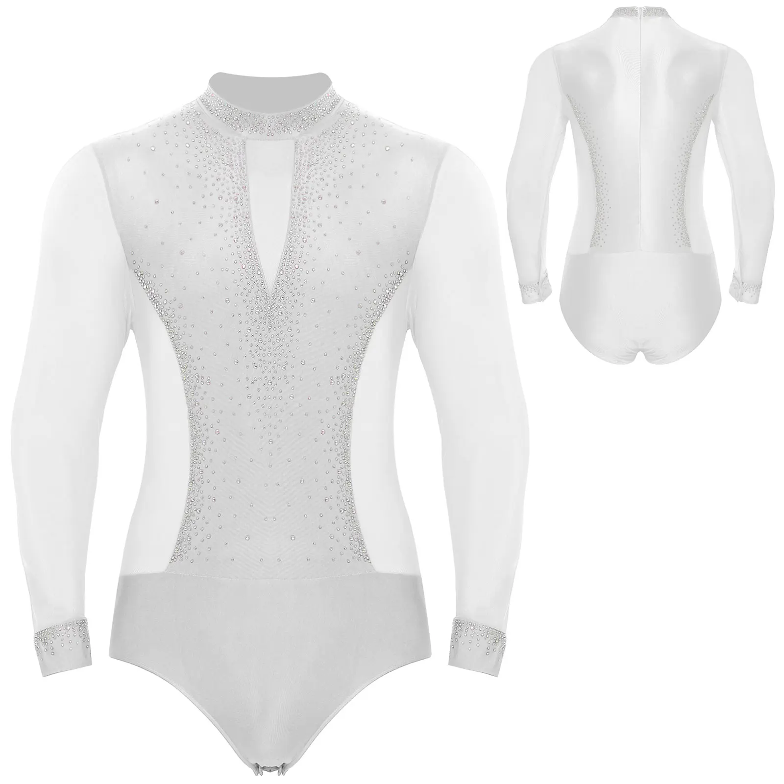 Men Long Sleeve Shiny Rhinestone Sheer Mesh Figure Skating Bodysuit Latin Dance Cha-cha Ballet Gymnastics Leotard Dancewear
