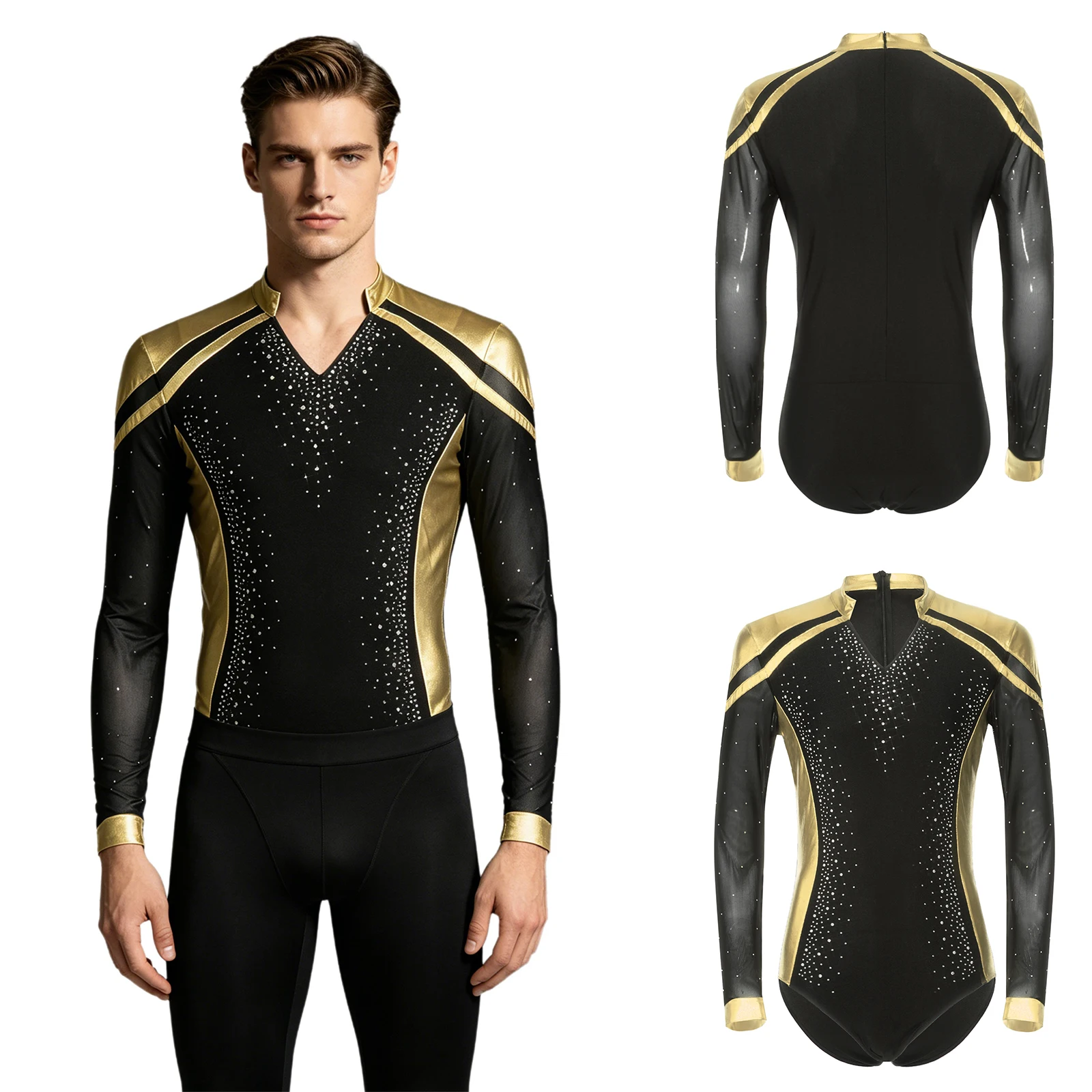 Men Long Sleeve Shiny Rhinestone Sheer Mesh Figure Skating Bodysuit Latin Dance Cha-cha Ballet Gymnastics Leotard Dancewear