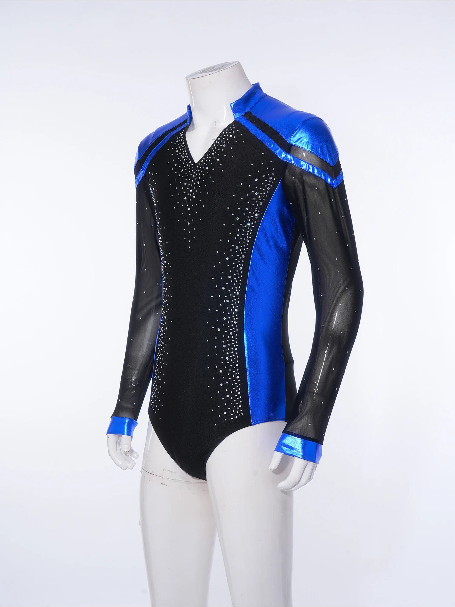 Men Long Sleeve Shiny Rhinestone Sheer Mesh Figure Skating Bodysuit Latin Dance Cha-cha Ballet Gymnastics Leotard Dancewear