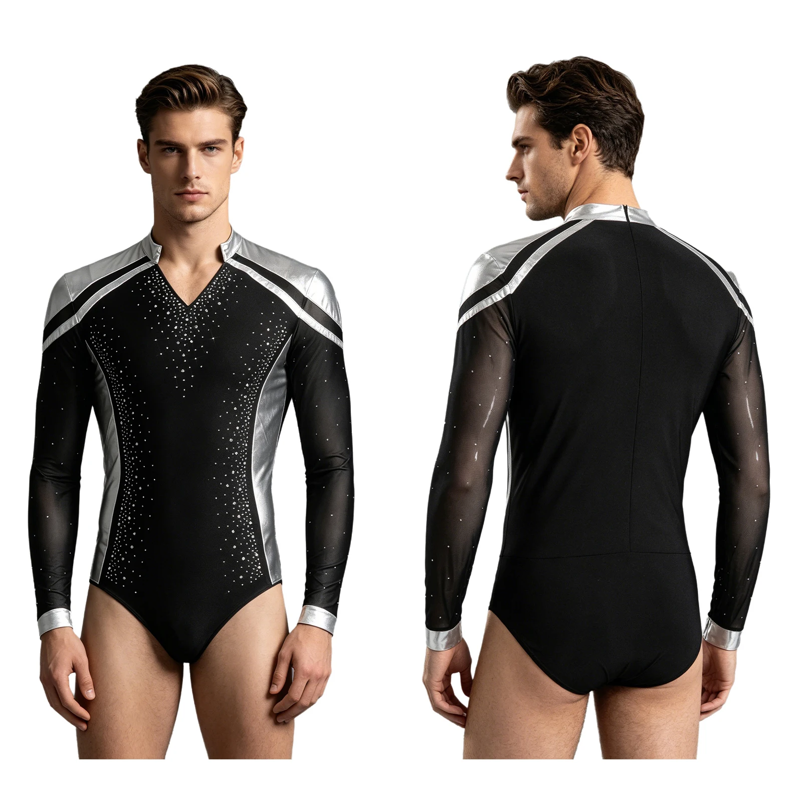Men Long Sleeve Shiny Rhinestone Sheer Mesh Figure Skating Bodysuit Latin Dance Cha-cha Ballet Gymnastics Leotard Dancewear