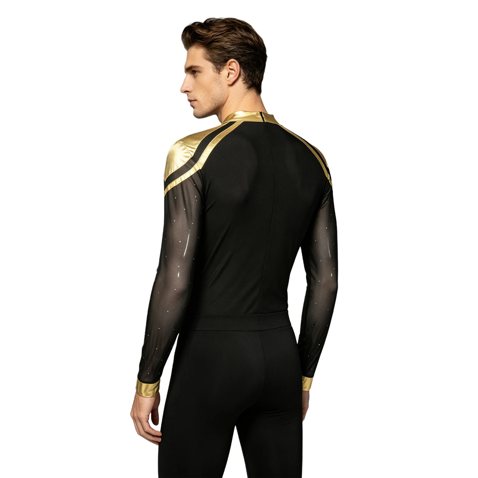 Men Long Sleeve Shiny Rhinestone Sheer Mesh Figure Skating Bodysuit Latin Dance Cha-cha Ballet Gymnastics Leotard Dancewear