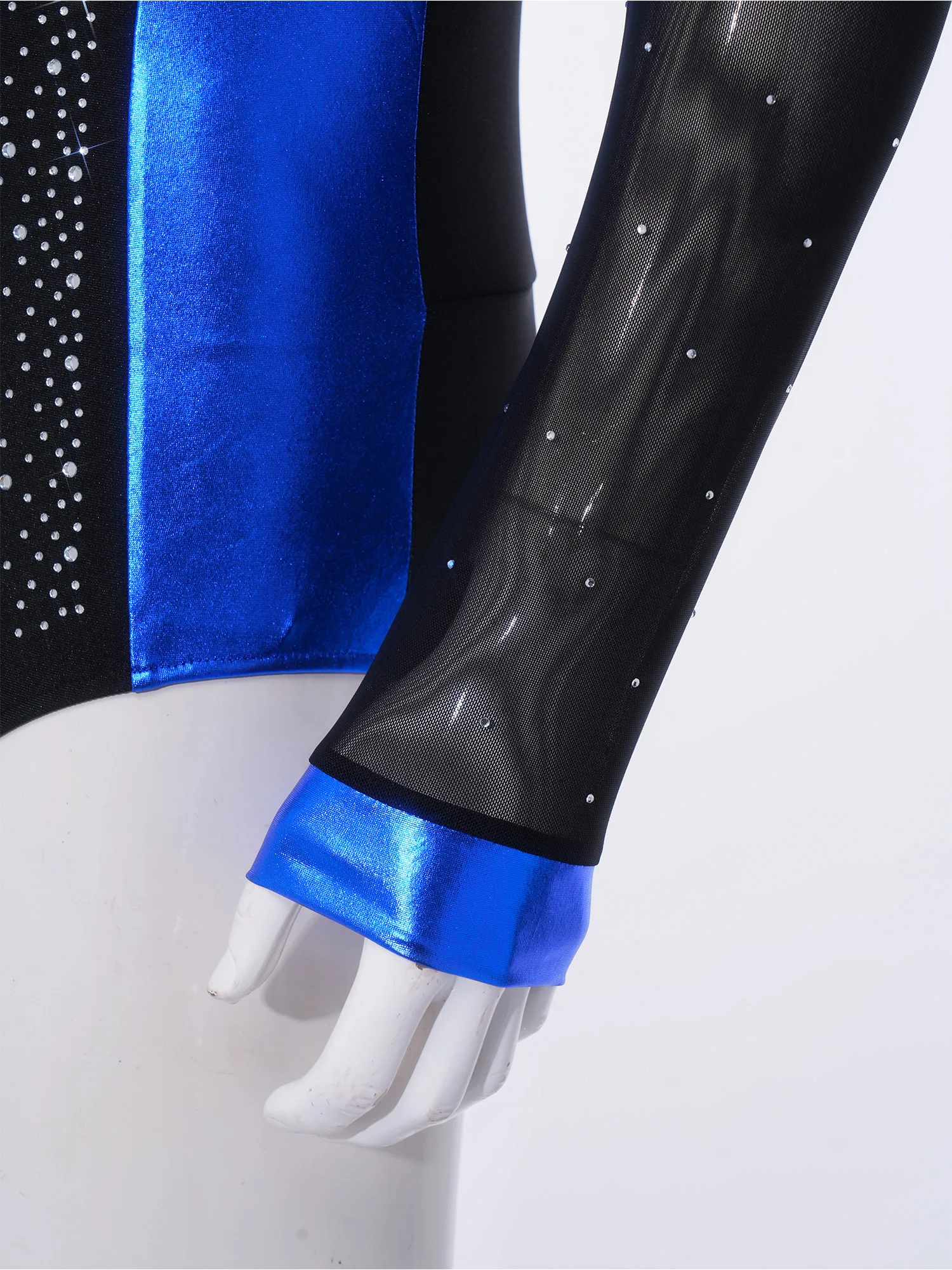 Men Long Sleeve Shiny Rhinestone Sheer Mesh Figure Skating Bodysuit Latin Dance Cha-cha Ballet Gymnastics Leotard Dancewear