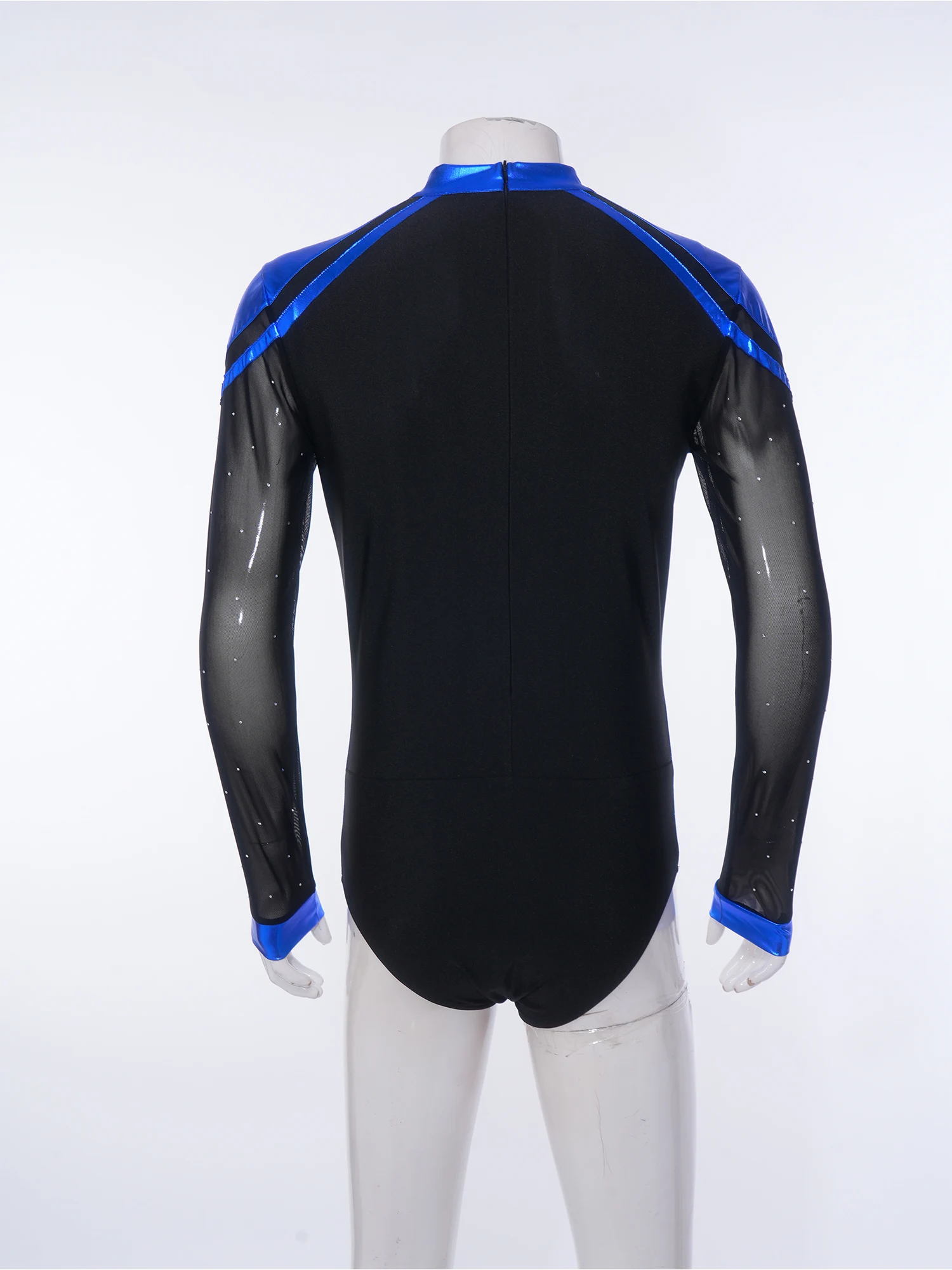 Men Long Sleeve Shiny Rhinestone Sheer Mesh Figure Skating Bodysuit Latin Dance Cha-cha Ballet Gymnastics Leotard Dancewear