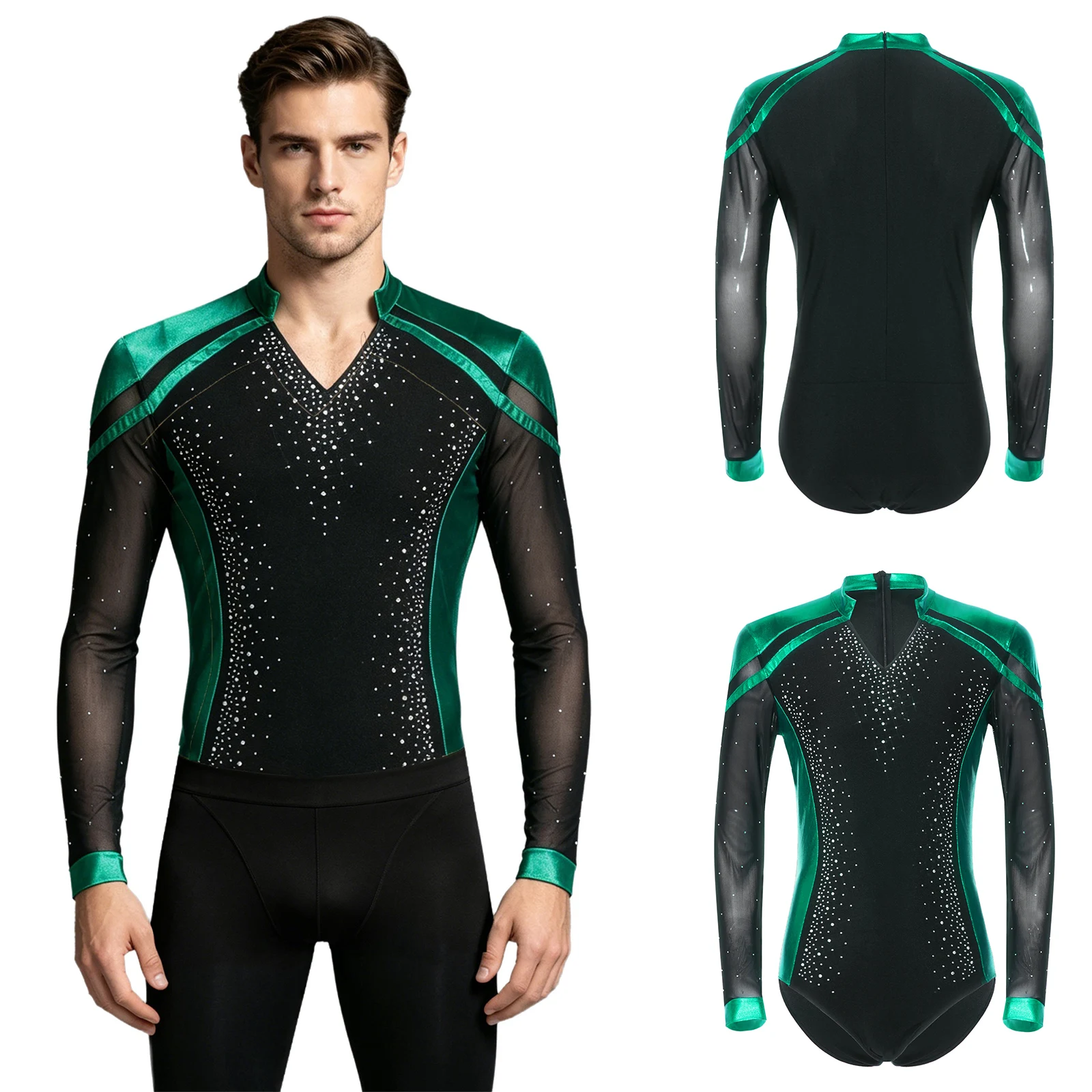 Men Long Sleeve Shiny Rhinestone Sheer Mesh Figure Skating Bodysuit Latin Dance Cha-cha Ballet Gymnastics Leotard Dancewear