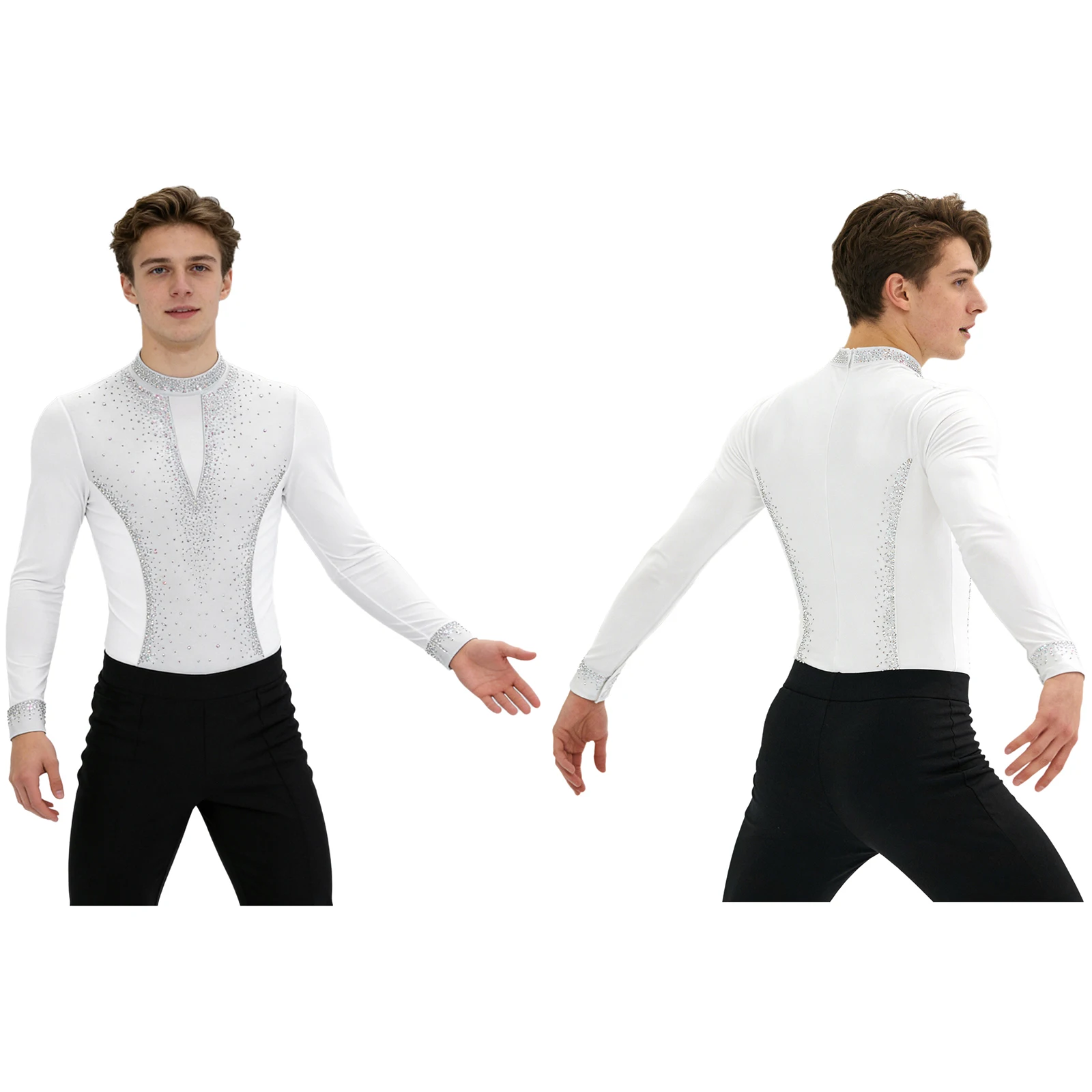 Men Long Sleeve Shiny Rhinestone Sheer Mesh Figure Skating Bodysuit Latin Dance Cha-cha Ballet Gymnastics Leotard Dancewear