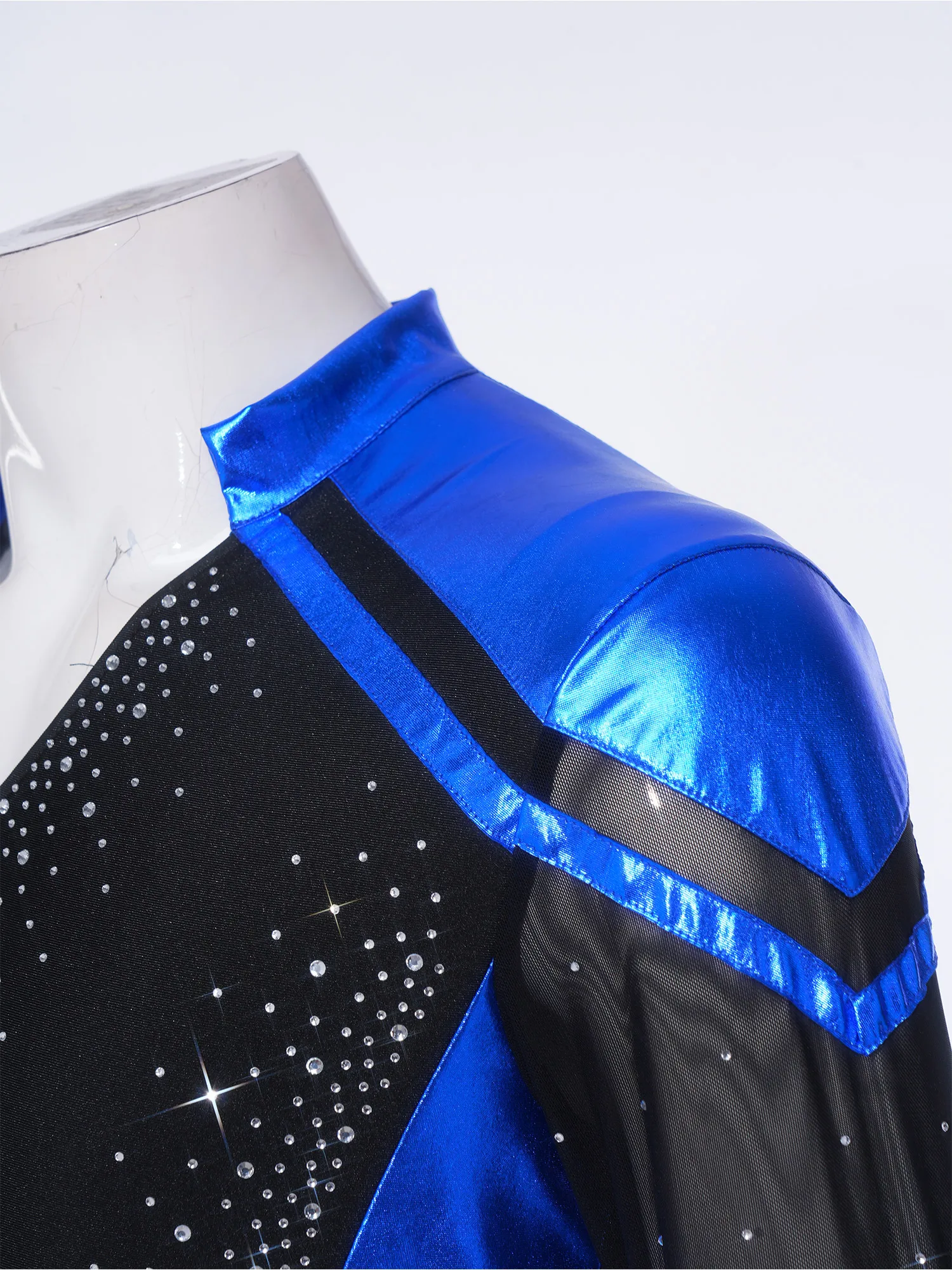 Men Long Sleeve Shiny Rhinestone Sheer Mesh Figure Skating Bodysuit Latin Dance Cha-cha Ballet Gymnastics Leotard Dancewear