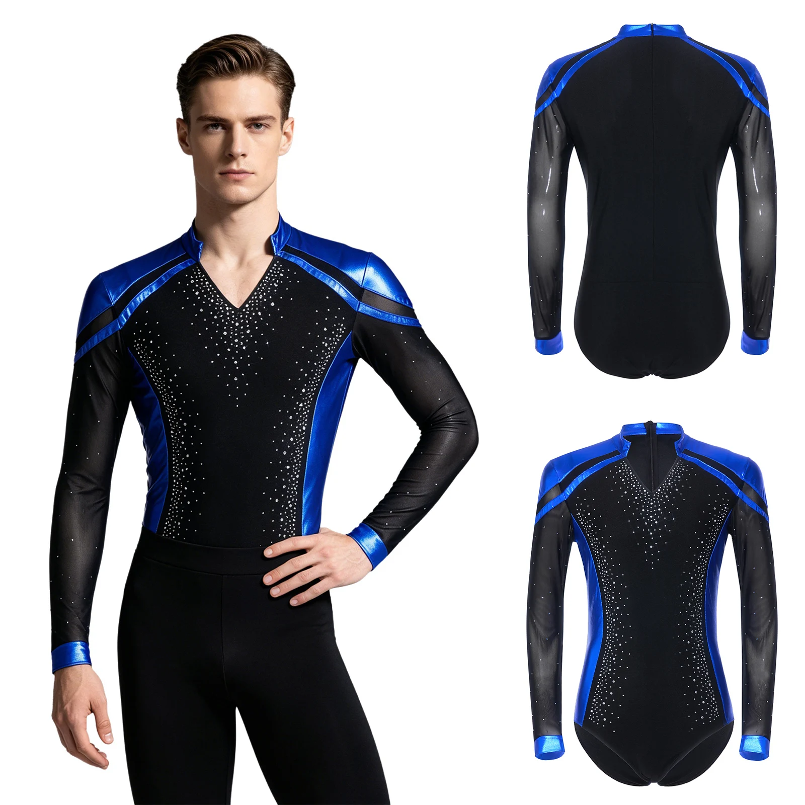 Men Long Sleeve Shiny Rhinestone Sheer Mesh Figure Skating Bodysuit Latin Dance Cha-cha Ballet Gymnastics Leotard Dancewear